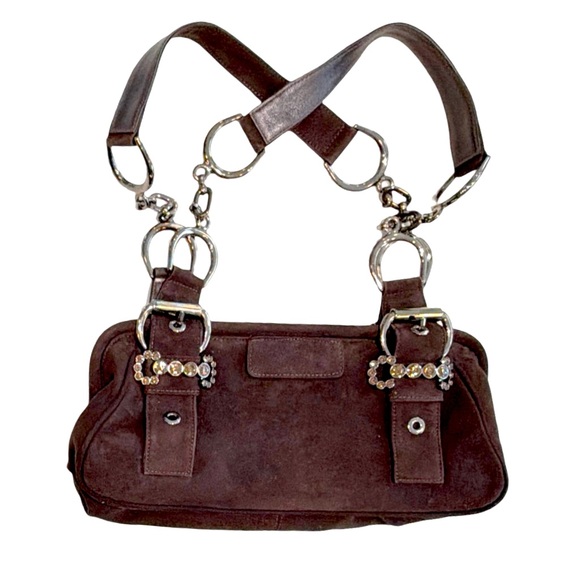 Stuart Weitzman Handbags - Stuart Weitzman Brown Suede Shoulder Bag I Crystal Buckle Hardware